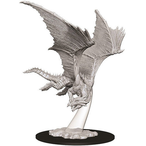 Unpainted miniature of a young bronze dragon in flight, showcasing detailed scales and wings, ideal for Dungeons & Dragons gameplay.