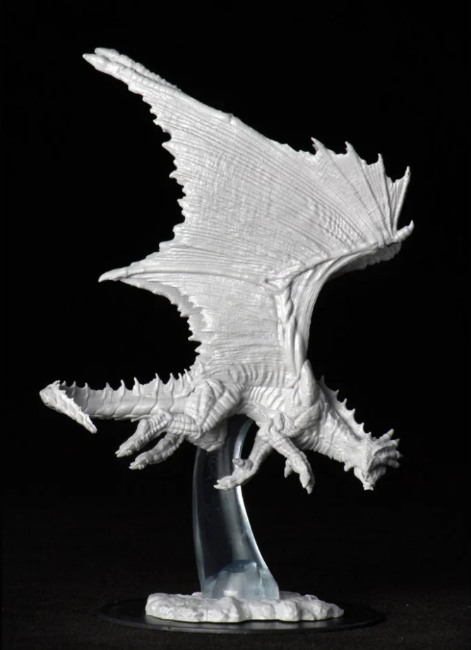 Unpainted miniature of a Young Bronze Dragon from Dungeons & Dragons, featuring detailed wings and a dynamic pose.