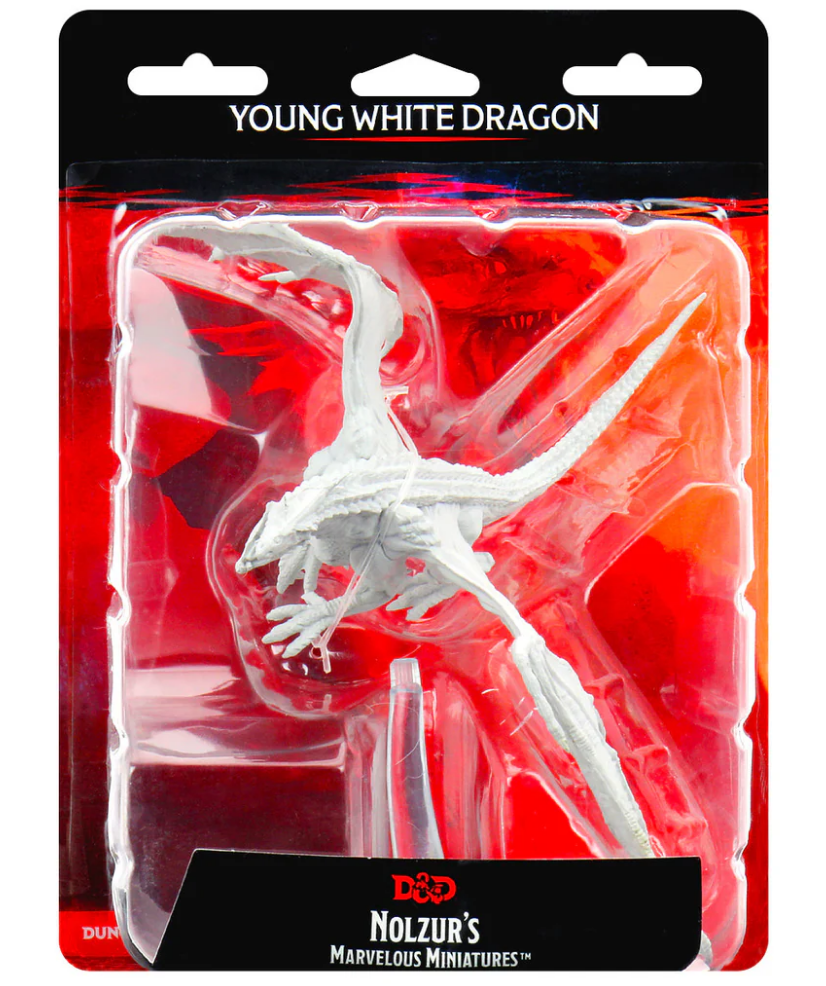 Unpainted miniature of a young white dragon from Dungeons & Dragons, packaged for tabletop gaming.