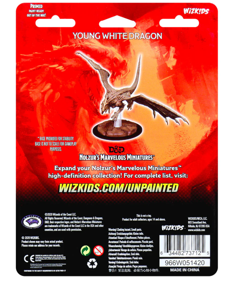 Unpainted Young White Dragon miniature for Dungeons & Dragons, featuring detailed sculpt and base for stability.