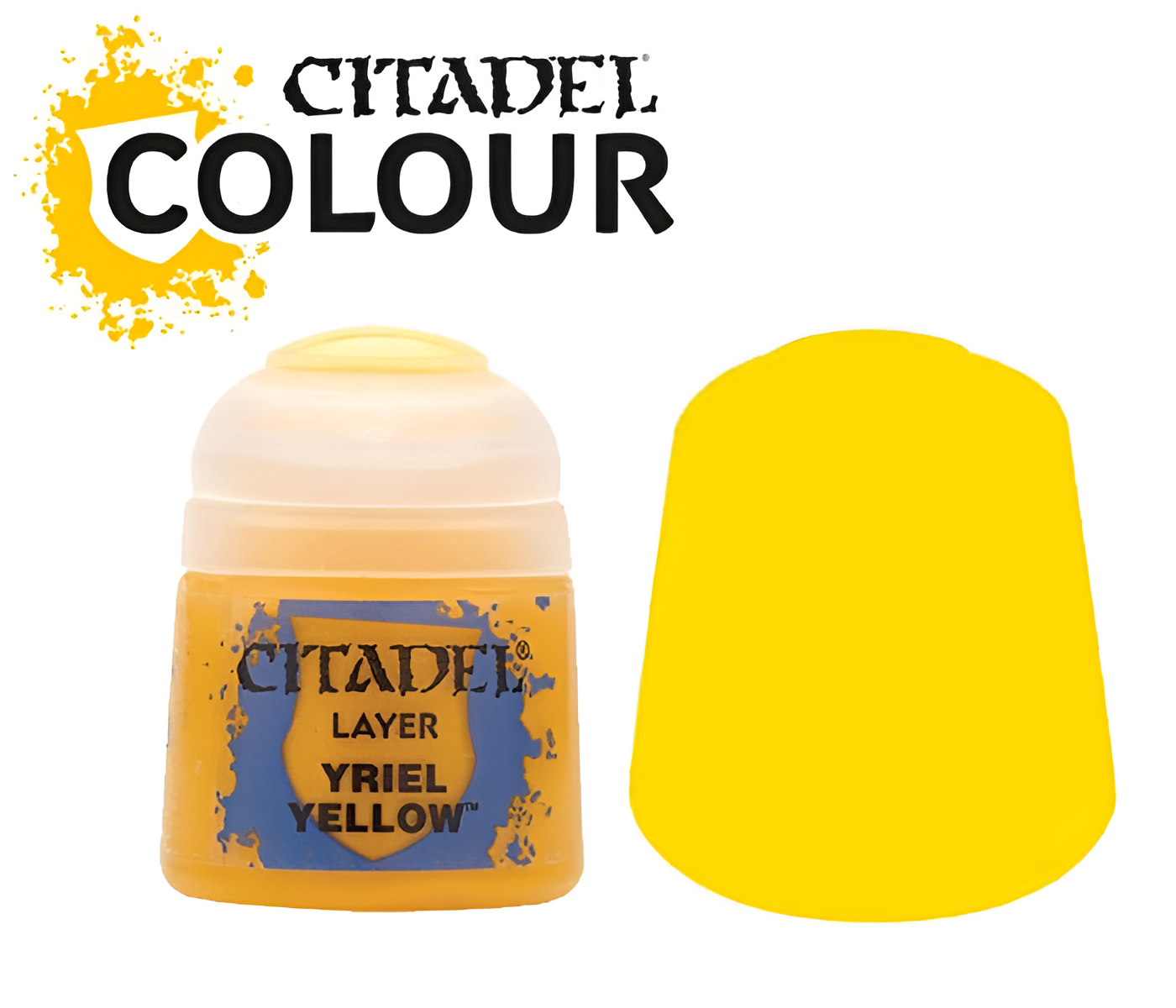 Citadel Layer Yriel Yellow paint bottle with a bright yellow cap and color swatch, ideal for miniature painting.
