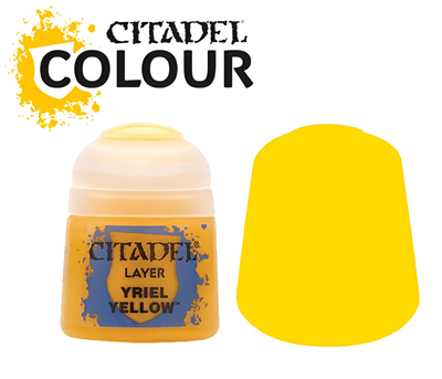 Citadel Layer Yriel Yellow paint bottle with a bright yellow cap and color swatch, ideal for miniature painting.