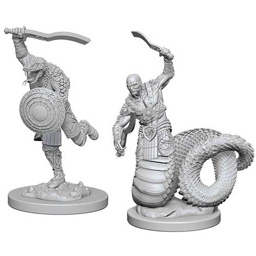 Unpainted miniatures of Yuan-Ti Malisons for Dungeons & Dragons, featuring a serpent-like figure and a warrior with a sword.