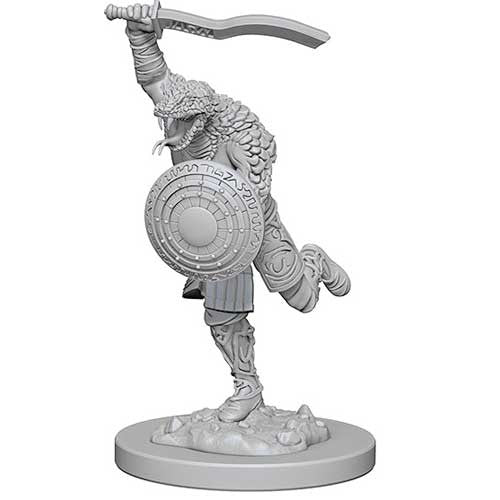 Unpainted miniature of a Yuan-Ti Malison from Dungeons & Dragons, wielding a sword and shield in a dynamic pose.