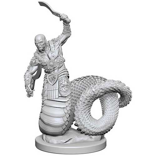 Unpainted miniature of a Yuan-Ti Malison from Dungeons & Dragons, featuring a humanoid figure with a snake tail and weapon.