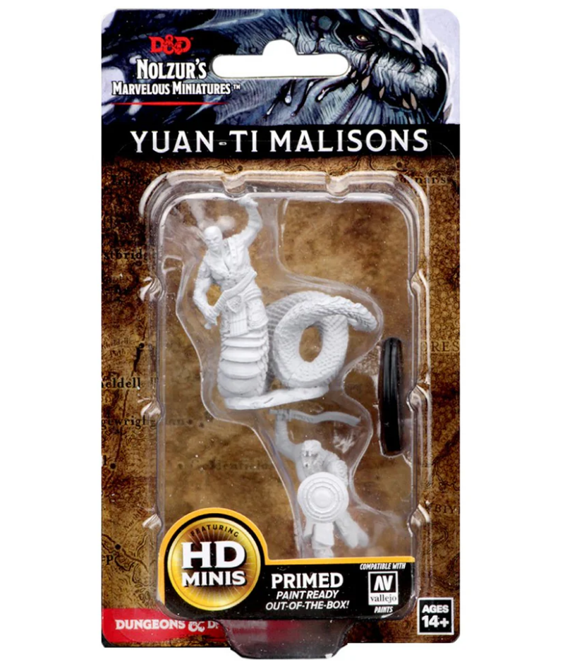 Unpainted Yuan-Ti Malisons miniature from Dungeons & Dragons, primed and ready for painting, in packaging.
