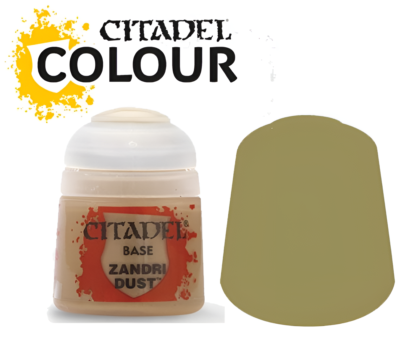 Citadel Base Zandri Dust paint in a 12ml container with a tan color swatch beside it, ideal for miniature painting.