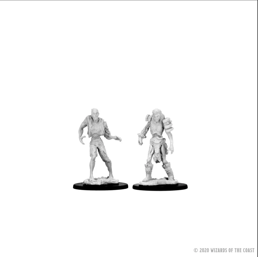 Unpainted Dungeons & Dragons miniatures featuring two detailed zombie figures, ready for customization and gameplay.