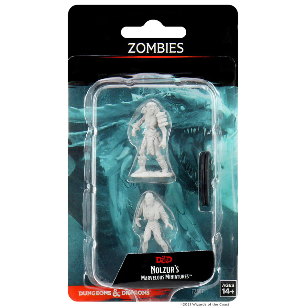 Unpainted Nolzur's Marvelous Miniatures Zombies for Dungeons & Dragons, featuring two detailed zombie figures in packaging.