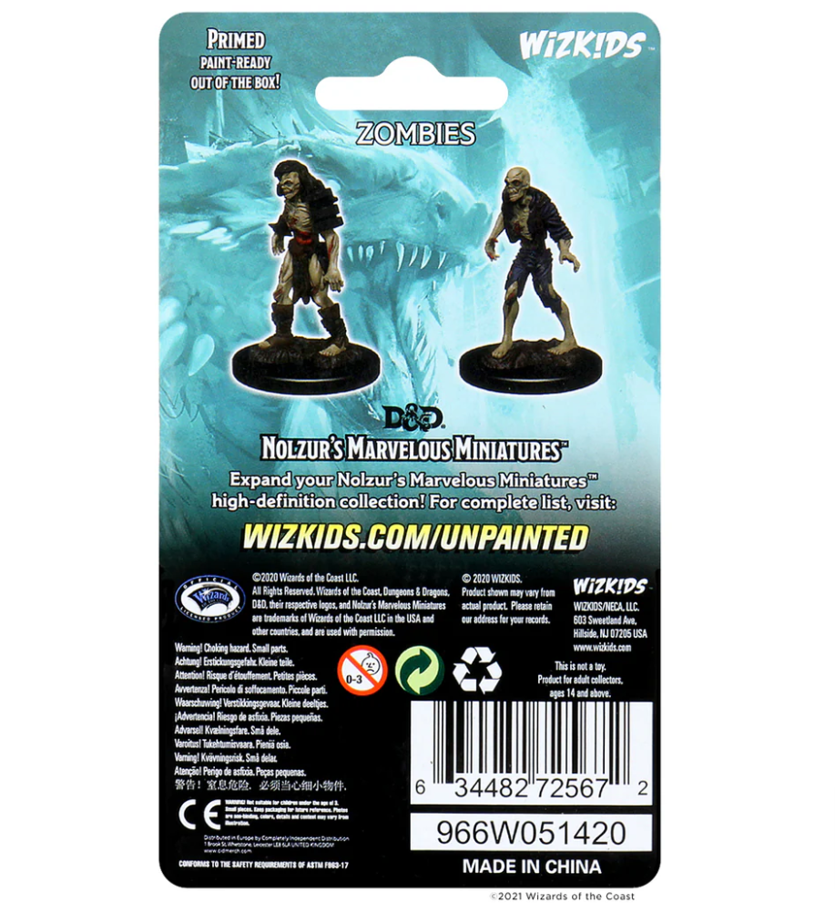 Back of the Dungeons & Dragons Nolzur's Marvelous Miniatures Zombies packaging, featuring two unpainted zombie miniatures.