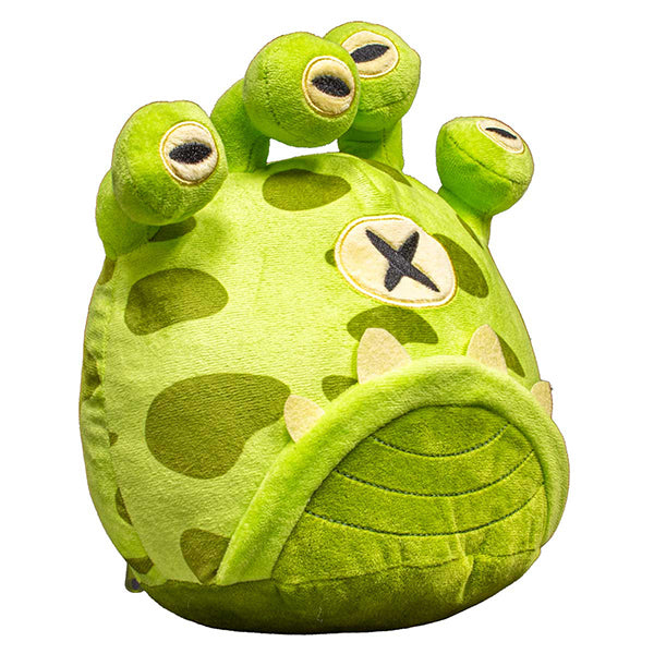 Large plush dice bag shaped like a Gazer monster from Dungeons and Dragons, featuring vibrant green fabric and multiple eyes.