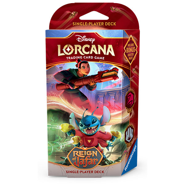 Disney Lorcana TCG Reign of Jafar starter deck featuring characters and artwork from the game in a colorful packaging design.