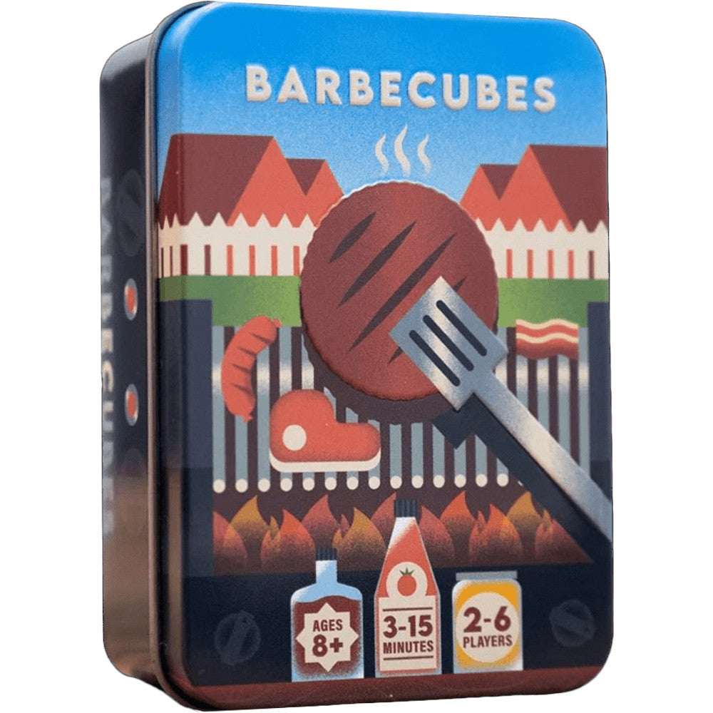 Colorful tin box of Barbecubes game featuring a grill, meat, and cooking utensils, designed for 2-6 players aged 8 and up.