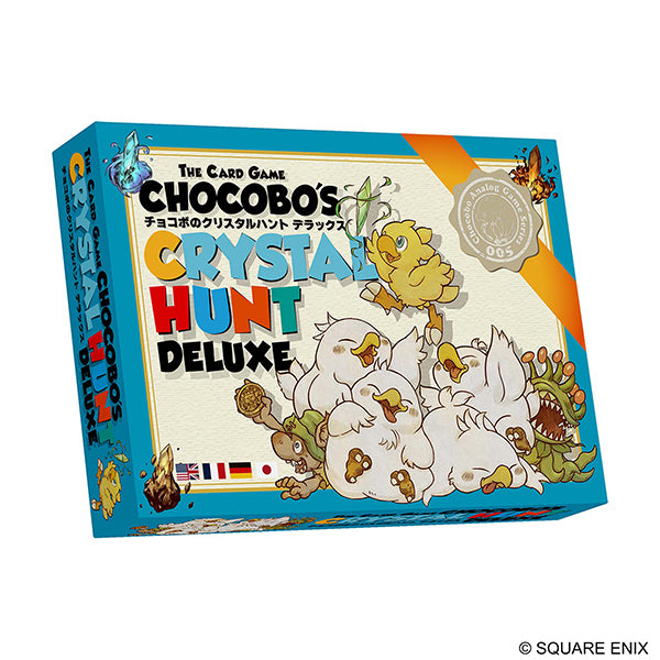 Chocobo's Crystal Hunt Deluxe card game box featuring colorful artwork of Chocobos and crystals, ideal for fans and collectors.