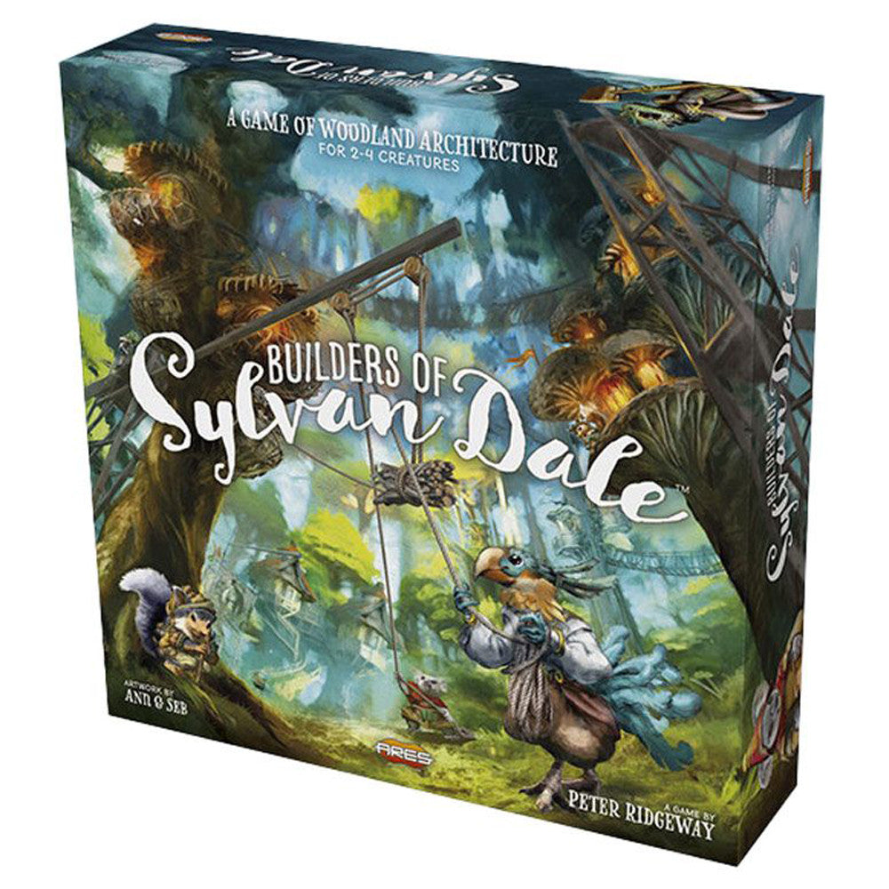 Box cover of Builders of Sylvan Dale, featuring whimsical woodland creatures and vibrant forest architecture.