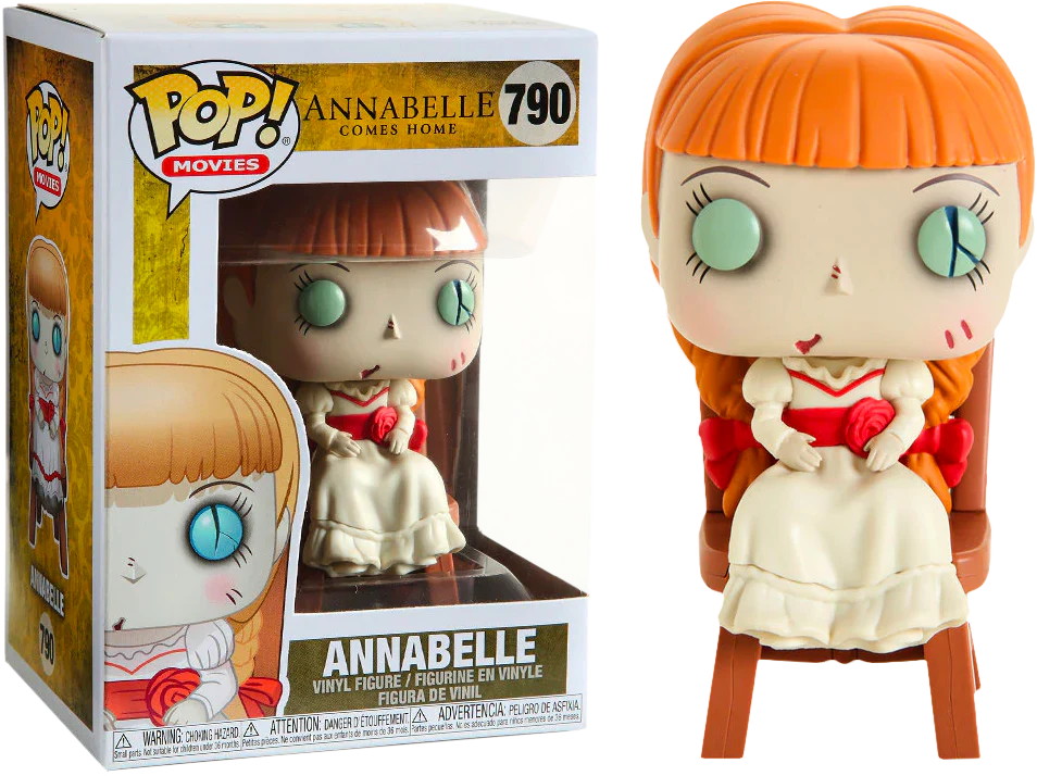 Funko Pop! Annabelle figure from Annabelle Comes Home, featuring a doll with red hair and a white dress, in box packaging.