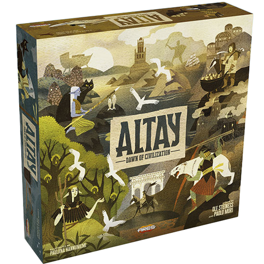 Box cover of "Altay: Dawn of Civilization," featuring stylized illustrations of ancient landscapes and characters.