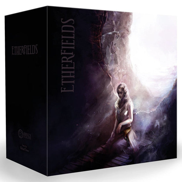 Etherfields board game box featuring a mystical illustration of a woman in a dreamlike landscape.