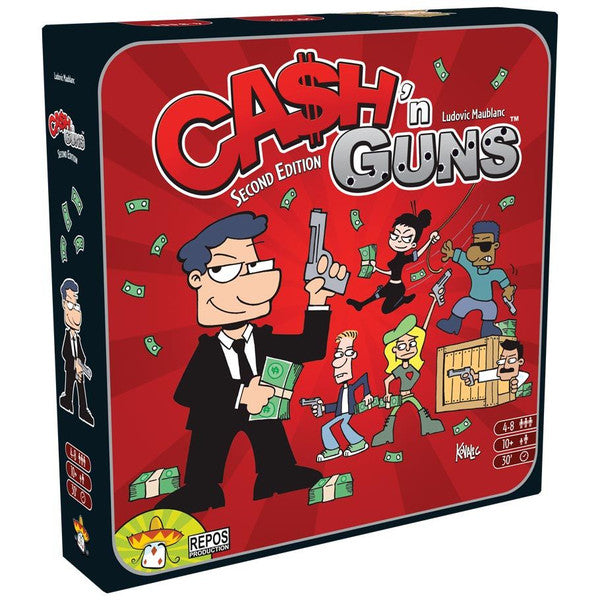 Cash 'n Guns (2nd Edition) board game box featuring cartoon characters, money, and a playful design. Ideal for strategy game enthusiasts.