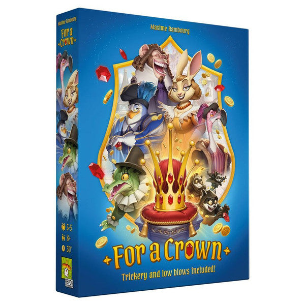 Colorful game box for "For A Crown," featuring whimsical animal characters and a crown, emphasizing strategy and trickery.