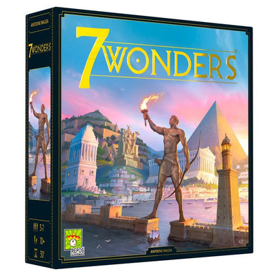 Box cover of 7 Wonders board game featuring iconic ancient structures and a statue holding a torch.