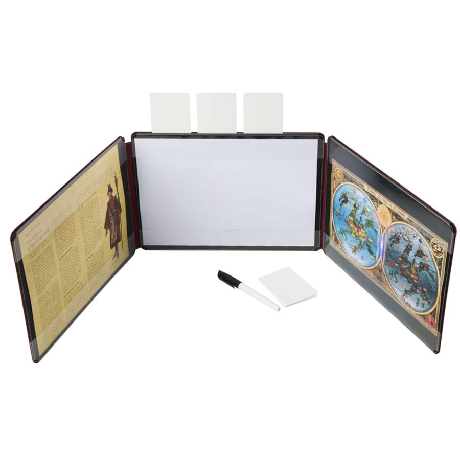 Dragon Shield Blood Red Game Master Screen featuring a sturdy design with customizable panels and included writing materials.