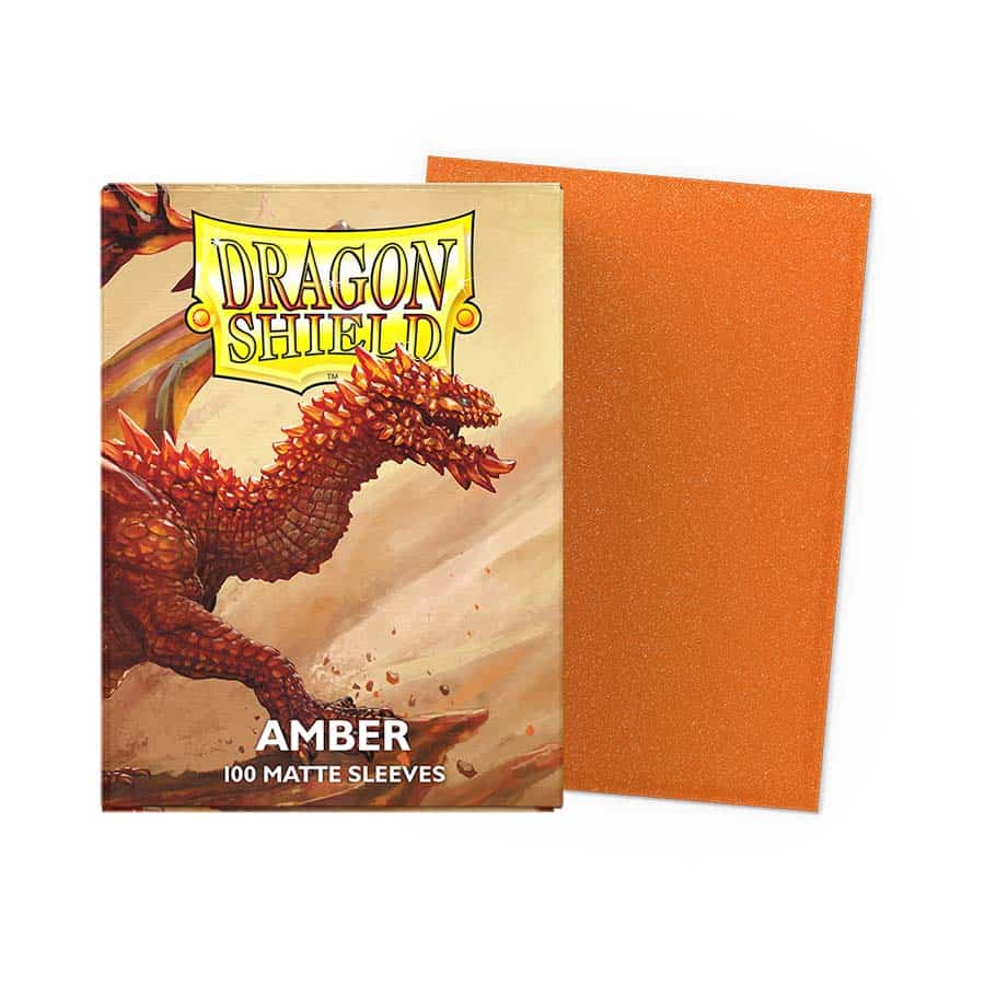 Amber Dragon Shield matte sleeves package with 100 protective card sleeves and a dragon illustration on the front.