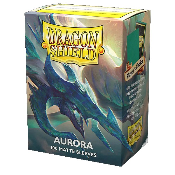 Dragon Shield Aurora matte card sleeves box featuring a blue dragon design, containing 100 protective card sleeves.