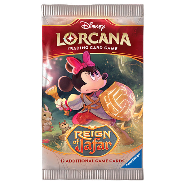 Disney Lorcana TCG Reign of Jafar booster box featuring Minnie Mouse, includes 24 packs with 12 game cards each.