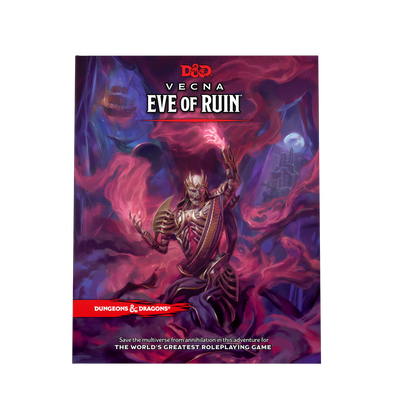Dungeons & Dragons 5E RPG Vecna: Eve of Ruin book cover featuring a dark, ominous figure amidst swirling purple and red clouds.