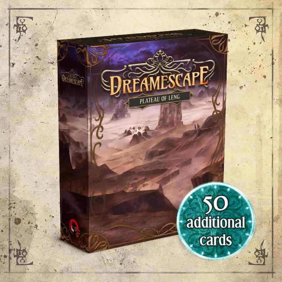 Dreamescape: Plateau of Leng Expansion box featuring artwork of a mystical landscape, offering 50 additional cards for gameplay.