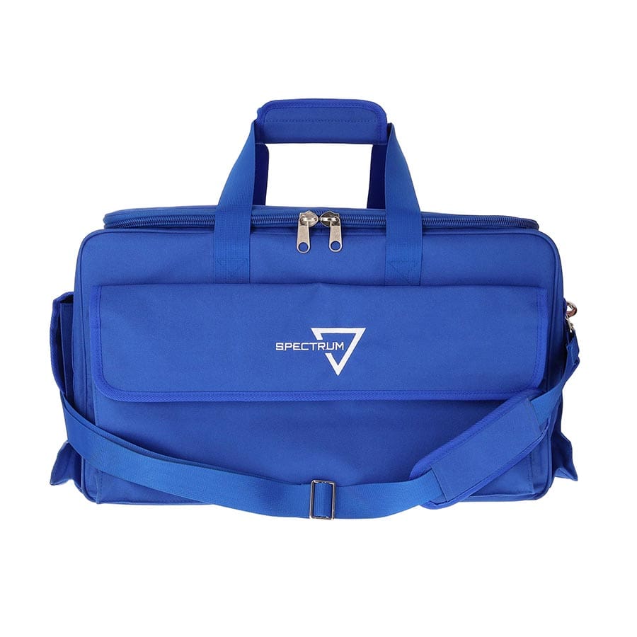 Blue Spectrum board game bag by BCW Supplies with a front pocket and adjustable shoulder strap. Ideal for game storage.