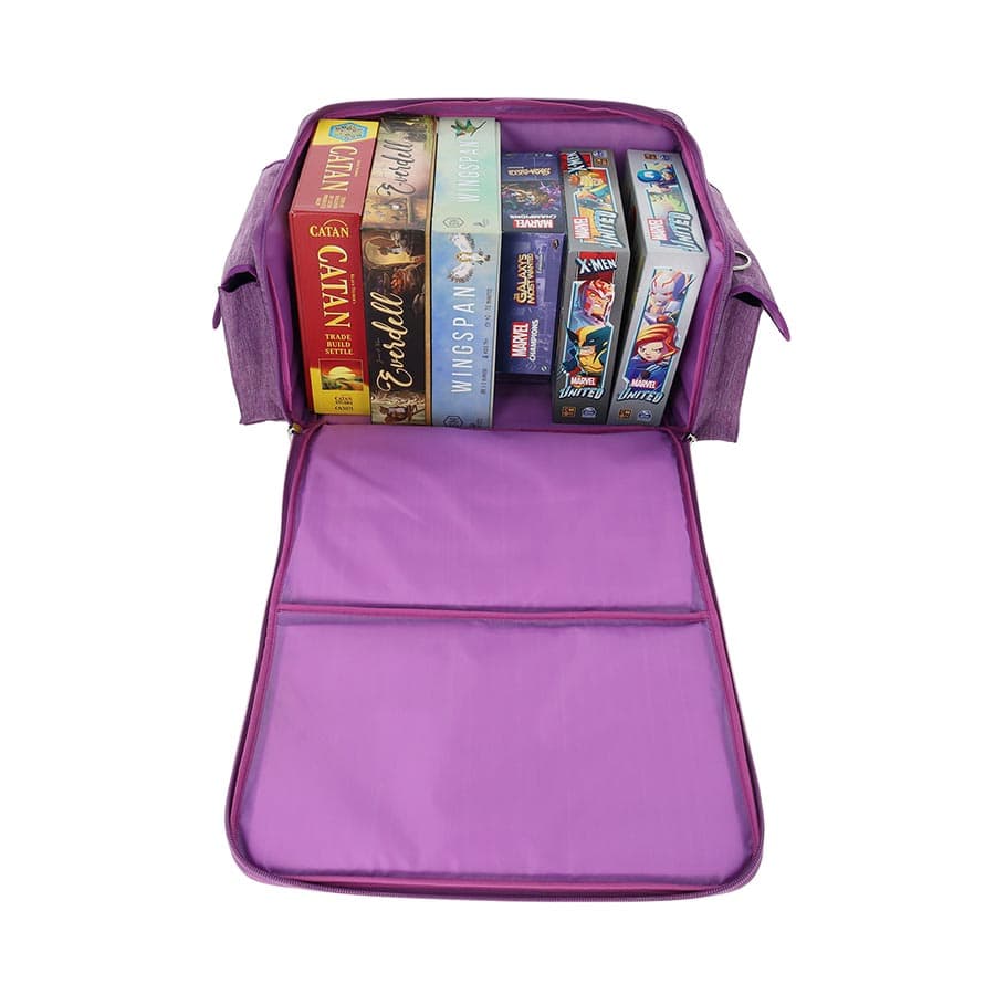 Purple board game bag with an open design, showcasing several board games neatly organized inside.