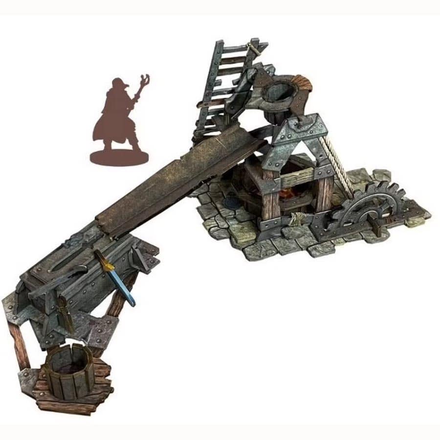 Detailed fantasy dungeon terrain piece featuring an artisan's forge with a working mechanism and a miniature silhouette.