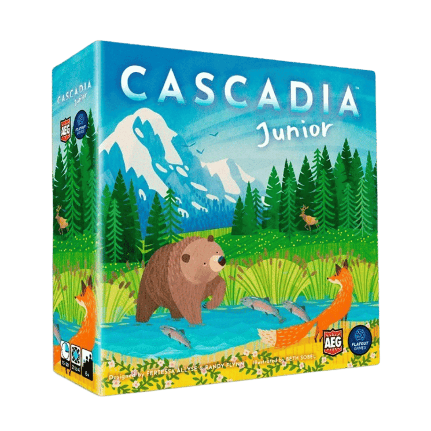 Colorful box of Cascadia Junior board game featuring a bear and fox by a river, surrounded by mountains and wildlife.