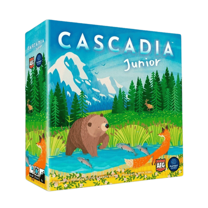 Colorful box of Cascadia Junior board game featuring a bear and fox by a river, surrounded by mountains and wildlife.