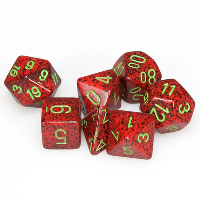 Chessex Speckled Poly Strawberry 7ct dice set featuring red dice with green numbers for tabletop gaming.
