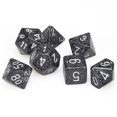 Chessex Speckled Poly Ninja 7ct dice set featuring black speckled design with white numbers for tabletop gaming.