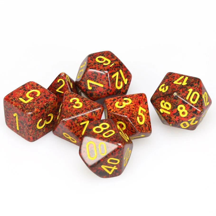 Chessex Speckled Poly Mercury 7ct dice set featuring red and black speckles with yellow numbers for tabletop gaming.