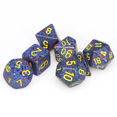 Chessex Speckled Poly Twilight 7ct dice set featuring vibrant blue and purple colors with yellow numbers.