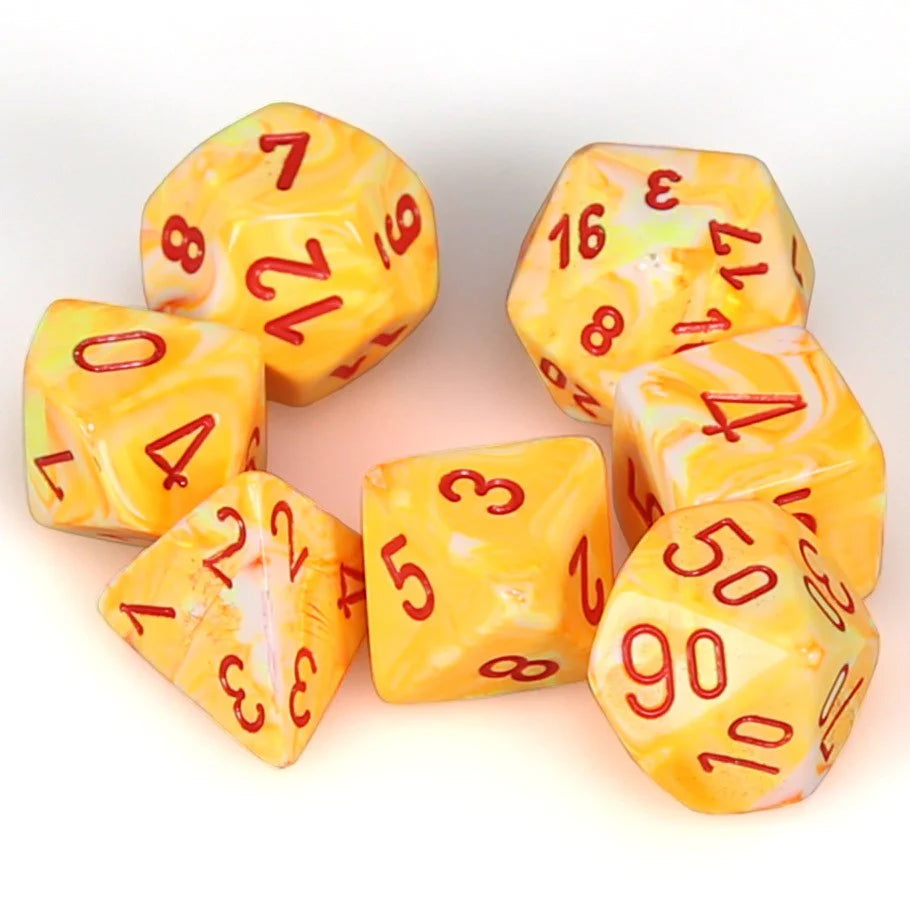 Chessex Festive 7ct dice set featuring sunburst yellow and red numbers, ideal for tabletop gaming and role-playing.
