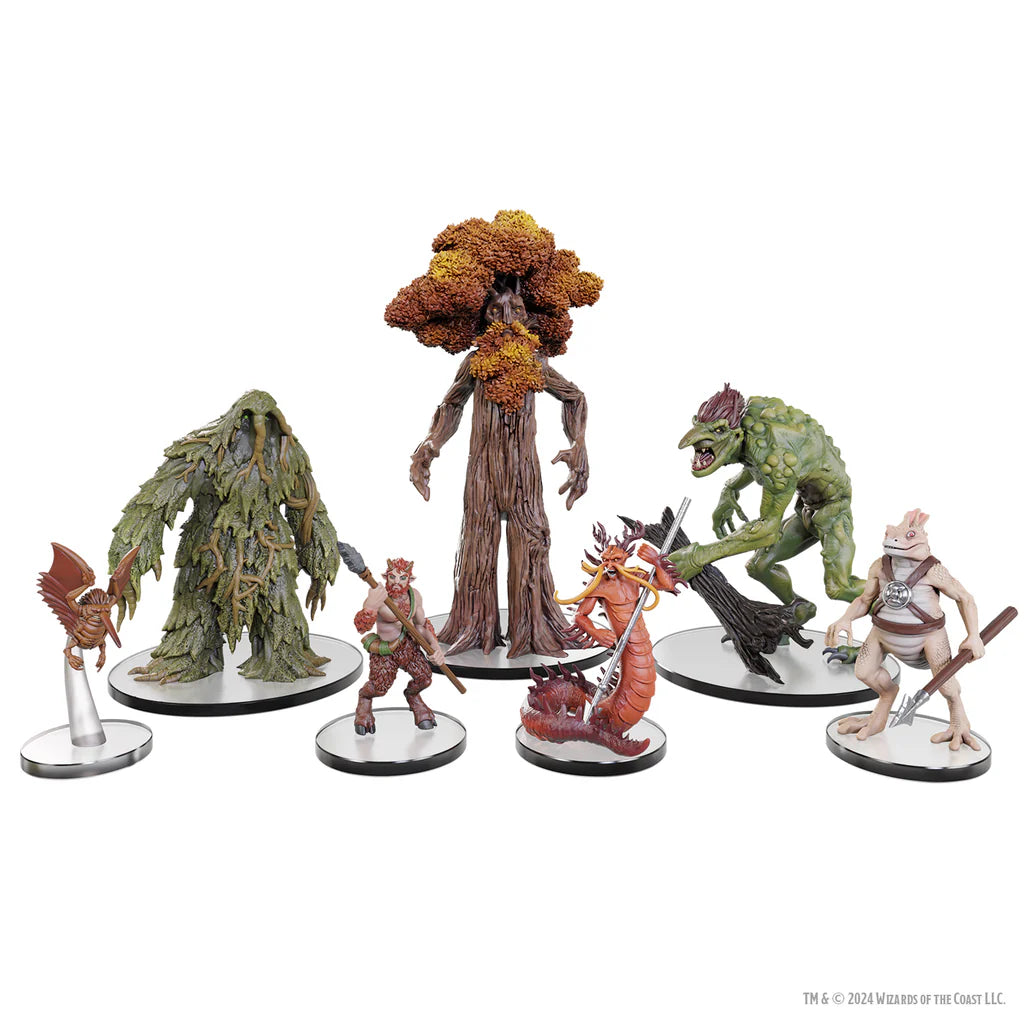 A set of Dungeons & Dragons miniatures featuring various classic monsters, including a treant, dragon, and lizardfolk.
