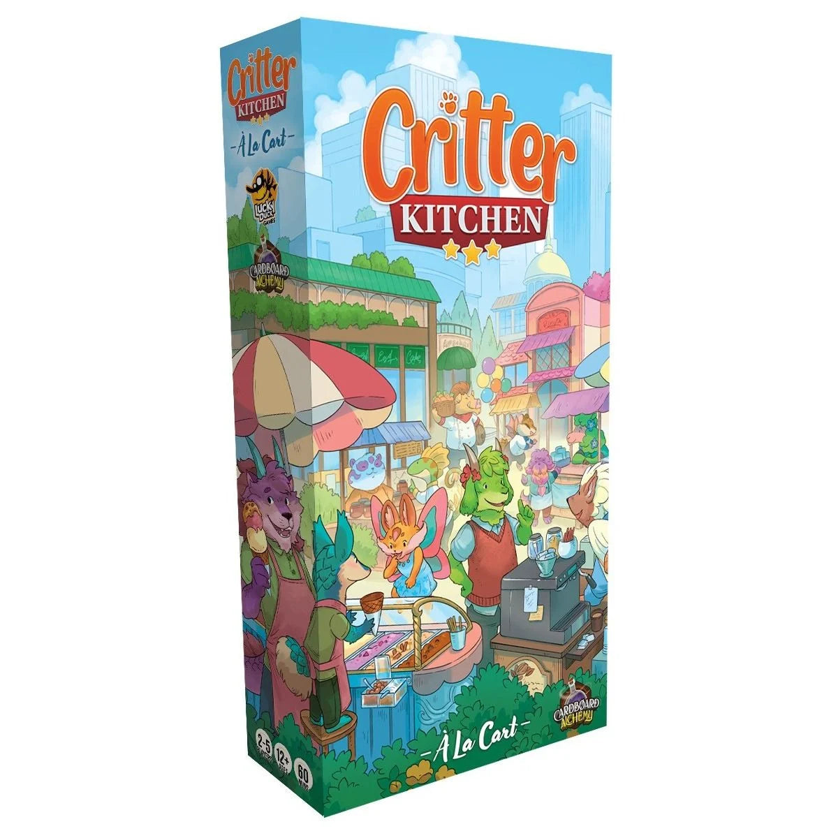 Colorful box art for Critter Kitchen: A La Carte Expansion featuring whimsical animal chefs in a vibrant market setting.