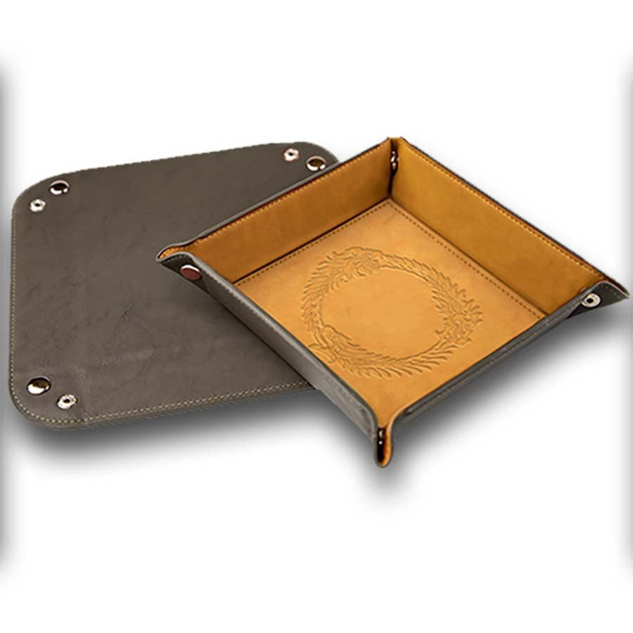 Bonded leather dice tray featuring The Elder Scrolls design, with a foldable structure for easy storage.