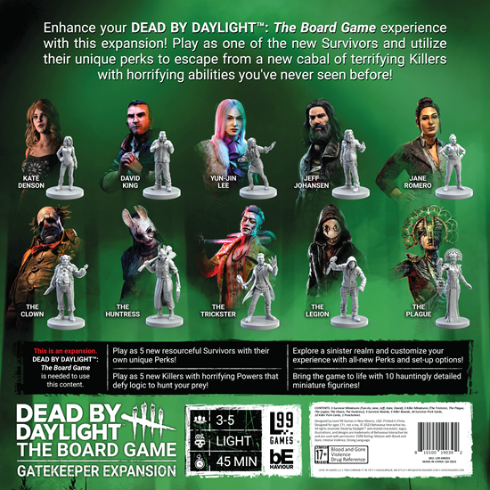 Back cover of Dead by Daylight: The Board Game - Gatekeeper Expansion featuring game components and character miniatures.