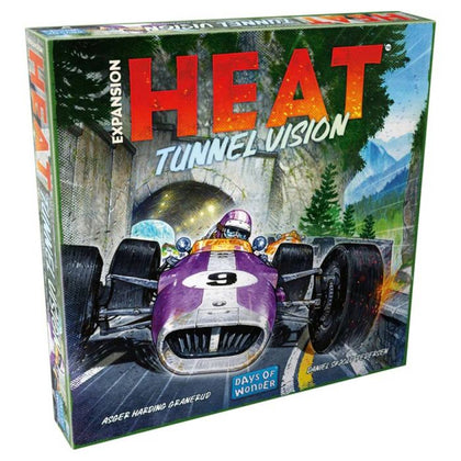 Box art for the Heat: Tunnel Vision Expansion featuring a racing car in a tunnel, showcasing vibrant colors and dynamic design.