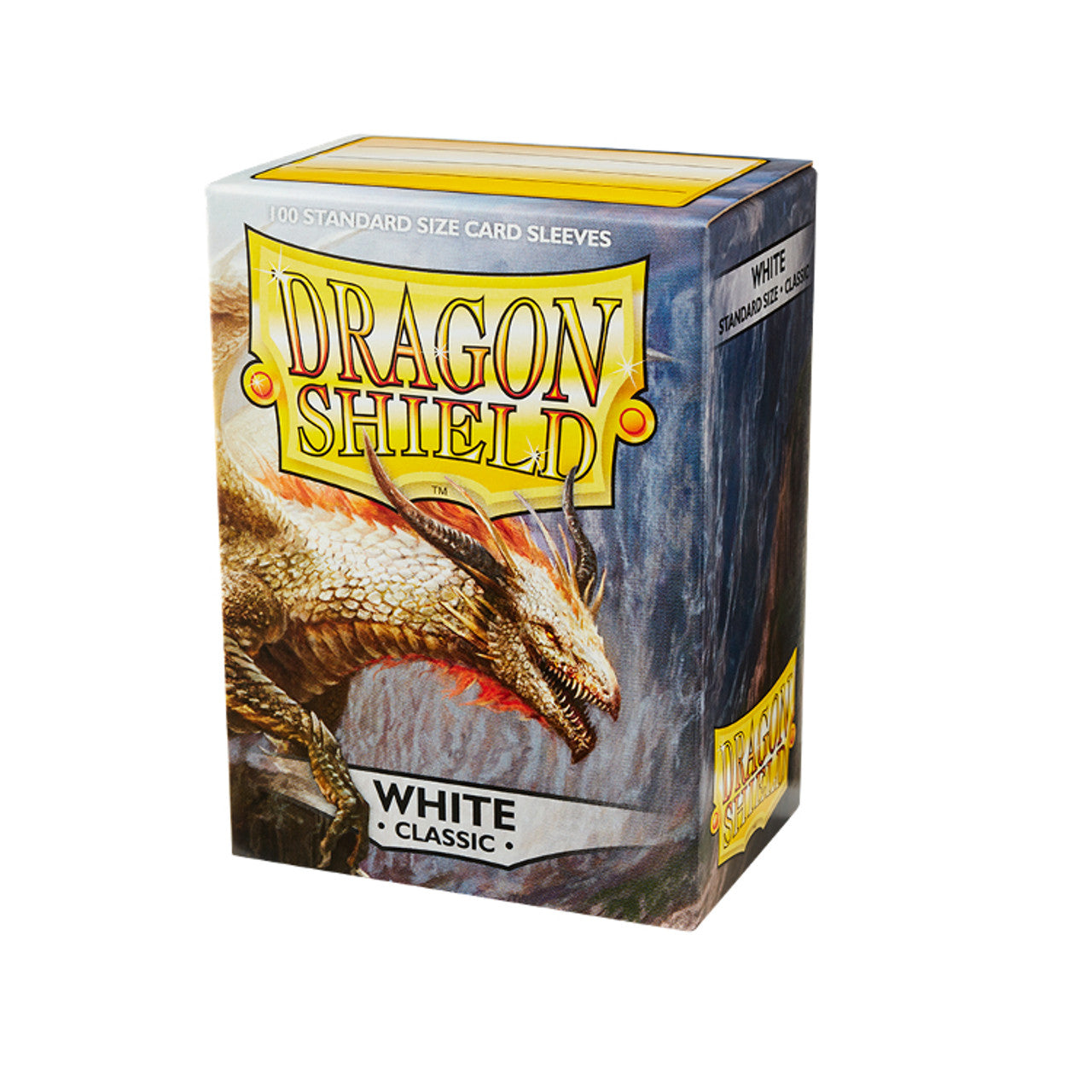 Dragon Shield white standard size card sleeves box featuring a dragon design, containing 100 protective card sleeves.