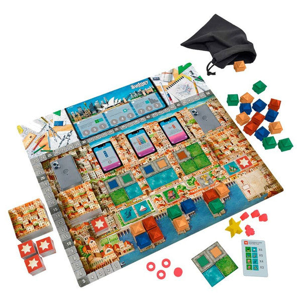 Colorful board game "Cities" featuring a detailed city map, resource tokens, and player pieces for strategic gameplay.