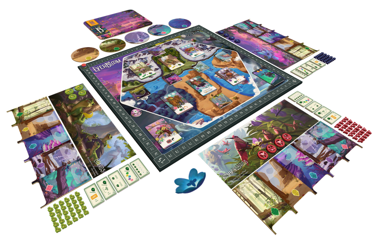 Colorful board game Everbloom displayed with game pieces, cards, and tokens arranged around the central board.