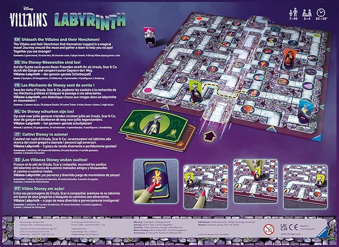 Disney Villains: Labyrinth board game layout featuring a maze, character cards, and gameplay instructions.